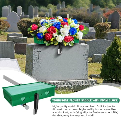 2 Pack Headstone Flower Saddle, Adjustable Cemetery Floral Holder for 3"-8" Graves, Wind-Resistant&Non-Slip Grip Tombstone Saddle, DIY Memorial Decorations (2 Set 5" to 8")