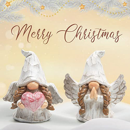 Hodao Angel Gnomes Figurines Set of 2, Handcrafted Wood-Like Resin Guardian Angel Statues with Heart & Prayer, Lucky Home Decor for Shelf, Tiered Tray, Christmas for Mom Grandma Friends