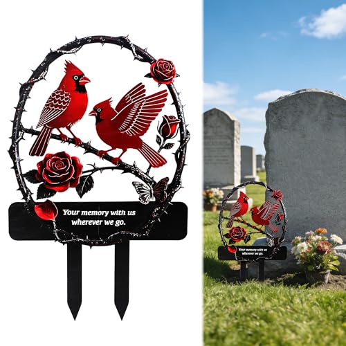 Lodou Graves Cemetery Decorations,Cardinals Memorial Grave Markers for Cemetery Memorial Stakes Metal Grave Decorations,Outdoor Outside Yard Garden (Red Bird) - style: Red Bird