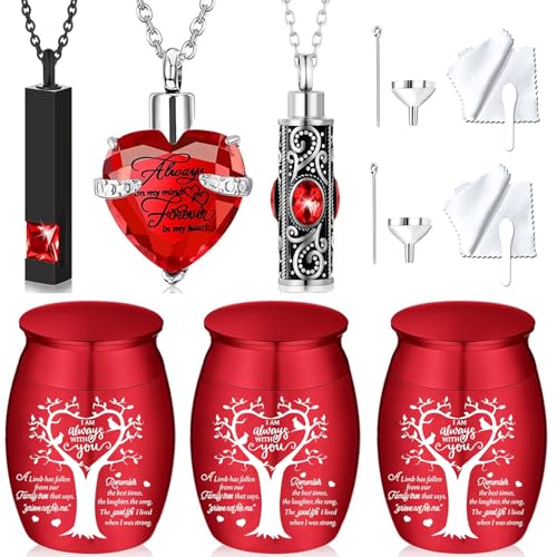 6 Pieces Tree of Life Cremation Urn Set for Ashes Sharing Urns for Human Waterproof Cremation Jewelry Urn Necklaces for Ashes for Women Men - color: 6pcs-red
