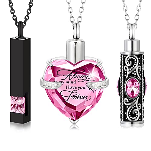 MTLEE 3 Pieces Cremation Urn Necklace for Ashes Vertical Bar Zircon, Heart Crystal Necklace Urn Stainless Steel Waterproof Memorial Pendant - color: Pink Zircon