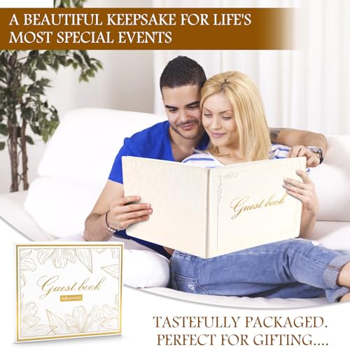 8x10 Inch Wedding Guest Book - 120 Blank & Lined Pages, Gold Foil PU Leather Hardbound Cover, Durable Sewn Binding, White - color: White
