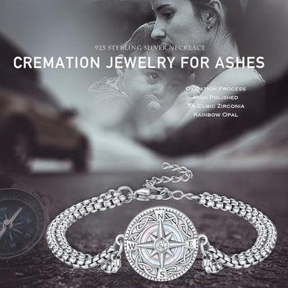 TUGHRA Ashes Bracelet for Women Urn Bracelet for Ashes 925 Sterling Silver Cremation Jewelry Memorial Gifts Keepsake Bracelet - style: Ashes Bracelet-coin-compass-white opal