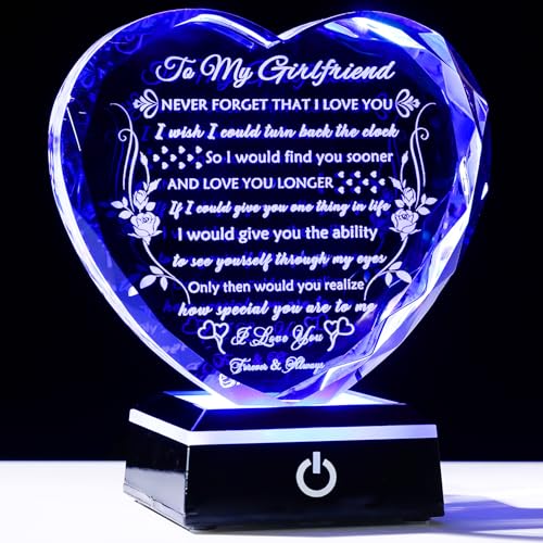 YWHL Gifts for Girlfriend, Anniversary Birthday Gifts for Girlfriend | To My Girlfriend Romantic Gifts from Boyfriend with LED Base Crystal Heart Keepsake Present for Her on Valentines Christmas - color: Girlfriend Gifts
