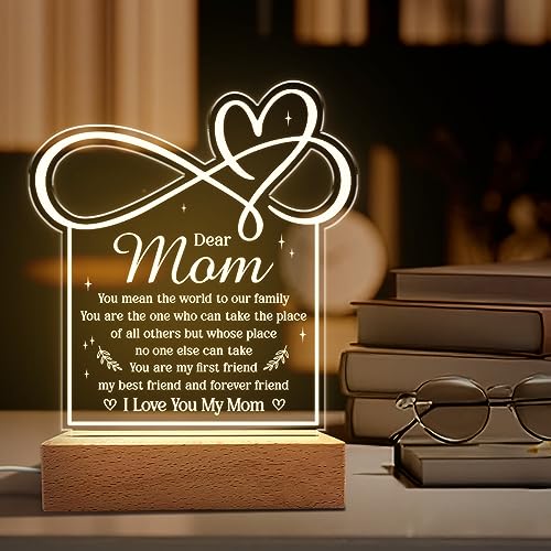 SANDJEST Acrylic Night Light Gift for Mom - Mother Night Light - You Mean The World to Our Family Night Lights Lamp Gift for Moms from Daughter Son on Birthday Christmas Valentines - color: Dear Mom