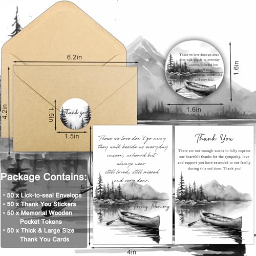Bulk 50 Sympathy Thank You Cards with Envelopes for Funeral Favors, Round Engraved Wooden Memorial Keepsakes Pocket HugTokens Gifts, Funeral Wake Celebration of Life Decorations Ideas (Boat)