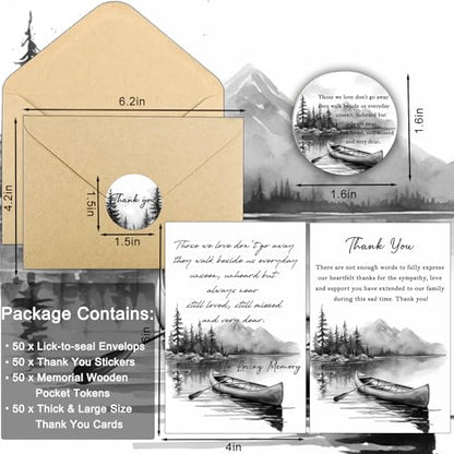 Bulk 50 Sympathy Thank You Cards with Envelopes for Funeral Favors, Round Engraved Wooden Memorial Keepsakes Pocket HugTokens Gifts, Funeral Wake Celebration of Life Decorations Ideas (Boat)