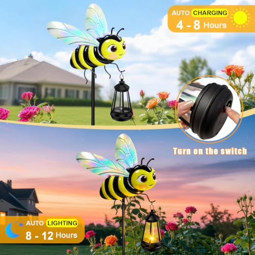 Solar Garden Light Outdoor, Waterproof Metal Bee Stake with Lantern 2 Pack | Solar Bee Lantern with Warm Glow, Waterproof Metal Yard Art for Garden, Patio and Lawn, Gift for Women and Mom - color: Bee 2 pack