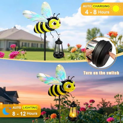 Solar Garden Light Outdoor, Waterproof Metal Bee Stake with Lantern 2 Pack | Solar Bee Lantern with Warm Glow, Waterproof Metal Yard Art for Garden, Patio and Lawn, Gift for Women and Mom - color: Bee 2 pack