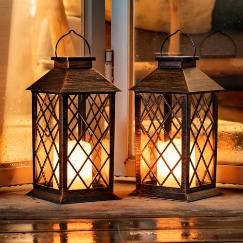 Homemory 2 Pack 13'' Bronze Solar Lanterns, Flickering Flame Hanging Lights - color: Copper