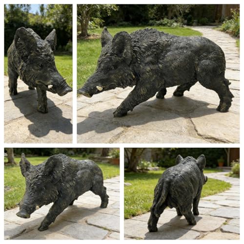 Wild Boar Statue, 21.26 in Dark Bronze-Tone Resin Garden Sculpture | Textured coat and visible tusks; low forward-moving pose for patios, lawns, woodland displays, hunters, and wildlife fans - color: Wild Boar