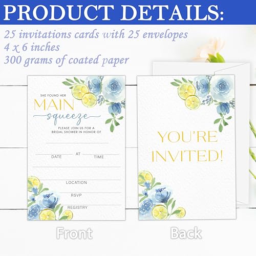 Main Squeeze Bridal Shower Invitations | Lemon Bridal Shower Invites, Blue Floral Citrus Invitations with Envelopes, Wedding Party Decorations-A10 - style: main squeeze