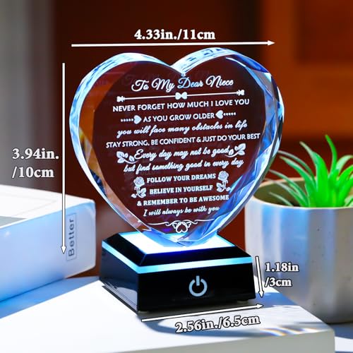 Arikyrist Niece Gifts from Auntie Uncle with Colorful LED Base, Inspirational Birthday Graduation Gifts for Niece from Aunt, Heart Crystal keepsake To My Nieces Present on Christmas - style: Niece Gifts + Light Base