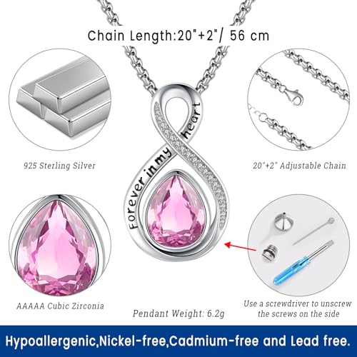 Eusense Cremation Jewelry for Ashes Urn Necklace to Put Ashes In 925 Sterling Silver Memorial Pendant Tree of Life Infinity Urn Necklaces for Ashes Necklace for Women Men - style: F-Infinity Urn-10-Oct.-Tourmaline Pink
