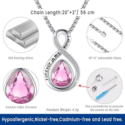 Eusense Cremation Jewelry for Ashes Urn Necklace to Put Ashes In 925 Sterling Silver Memorial Pendant Tree of Life Infinity Urn Necklaces for Ashes Necklace for Women Men - style: F-Infinity Urn-10-Oct.-Tourmaline Pink
