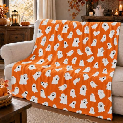 Halloween Blanket Cute Ghost Throw Blankets Gifts for Women Men 50"X60" - color: Orange Ghost