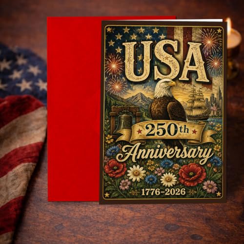 250 Years of Freedom Greeting Card with Red Envelope, 1776-2026 Patriotic Eagle Independence Celebration Card, USA Anniversary Card for Veterans, Family, Friends - color: american11