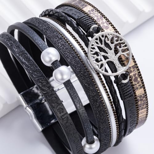 Tree of Life Inspirational Leather Wrap Bracelets Boho Western Cowgirl Cuff - color: Black