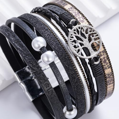 Tree of Life Inspirational Leather Wrap Bracelets Boho Western Cowgirl Cuff - color: Black