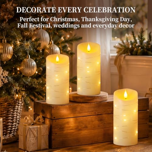 Homemory Flameless Candles with String Lights, 2 Pack Embedded Fairy String Lights LED Candles, Electric Flickering Candles with Remote Control and Timer, Real Wax, Ivory White - color: Ivory, 2Pack