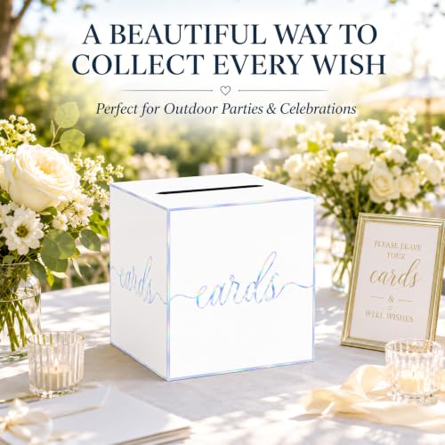 White Iridescent Card Box for Birthday Parties, Wedding and Bridal Shower | Collect Cards and Envelopes in One Place with an 8.7 Inch Cube, Wide Top Slot and Holographic White Design - color: White Iridescent