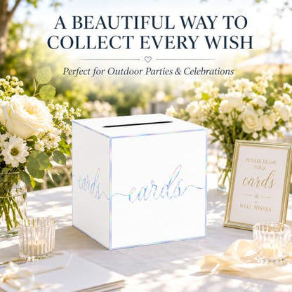 White Iridescent Card Box for Birthday Parties, Wedding and Bridal Shower | Collect Cards and Envelopes in One Place with an 8.7 Inch Cube, Wide Top Slot and Holographic White Design - color: White Iridescent