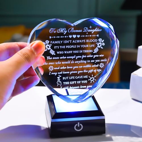 YWHL Bonus Daughter Gifts from Mom Dad Birthday Gifts for Bonus Daughter | Heart Shaped Crystal Keepsake with Colorful Base To My Bonus Daughter Stepdaughter Gifts on Christmas Graduation Valentine's - color: Bonus Daughter Gifts