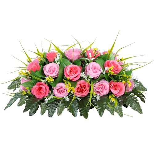 MOOMASS Cemetery Headstone Flower Saddle - Artificial Cemetery Flowers Rose, Grave Decoration，Non-Bleed Colors, and Easy Fit (Pink+Light Pink, Saddle) - color: Pink+light Pink, size: saddle