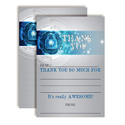 Kids Thank You Cards Escape Room Birthday Party Thank You Notes, Ten 4" x 5.5" Fill-In The Blank Cards with 10 White Envelopes by AmandaCreation - style: Kids Thank You Cards Escape Room