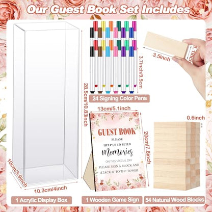 Beeveer 80 Pcs Wedding Guest Book Alternative Wooden Block Guest Book for Wedding Sign in Bridal Shower Decoration 54 Pcs Wooden Block Bridal Shower Game for Sign in, Reception(Floral) - style: Floral
