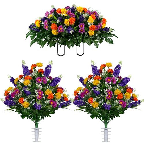 Sympathy Silks Artificial Flowers for Cemeteries - Realistic Grave Decorations - Purple, Violet, and Yellow Wildflower Mix - Saddle with (2) Bouquets - color: Purple Violet, size: Saddle-2 Bouquets