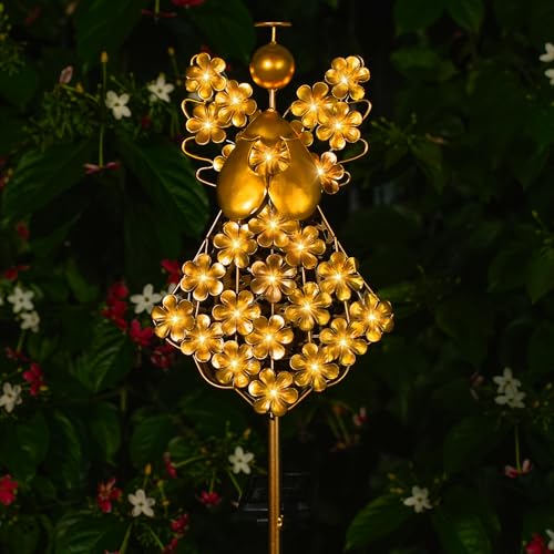 WSgift Angel Solar Stake Light Outdoor Warm White LED Bronze Metal Stake for Garden Cemetery Remembrance - color: Bronze
