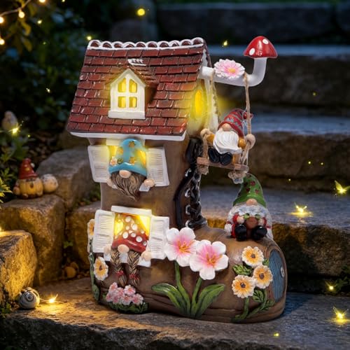 basen Solar Gnome Garden Statue with Boot House, Resin Outdoor Fairy Garden Decor with LED Lights, Waterproof Yard Ornament for Patio Lawn Backyard, Charming Gnome Figurine with Mushroom Swing - color: Boot Fairy Cottage-red