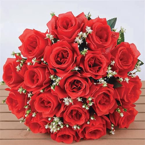 41cm Artificial Silk Red Rose Bush with Gyp & Foliage 24 Flower Heads- Wedding Grave Home Decoration (Red, 1 Bunch) - color: Red