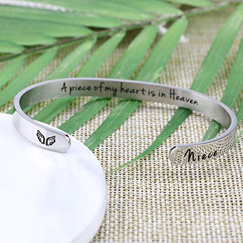 Memorial Gifts for Loss of Mom Dad In Memory of Jewelry Sympathy Bracelet | Bereavement Cuff Secret Message Engraved Grief Gifts for Women - style: Niece Memorial-A piece of my heart is in heaven