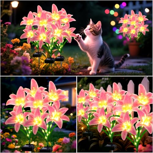 Solar Lights Outdoor, Gift For Women Mom Grandma Wife Daughter Friends, 4 Pack 16 Solar Pink Lily Flower Lights, Solar Flower Lights Waterproof, Outside Decor Stake Light for Landscape Yard Patio Lawn - style: Solar Pink Lily