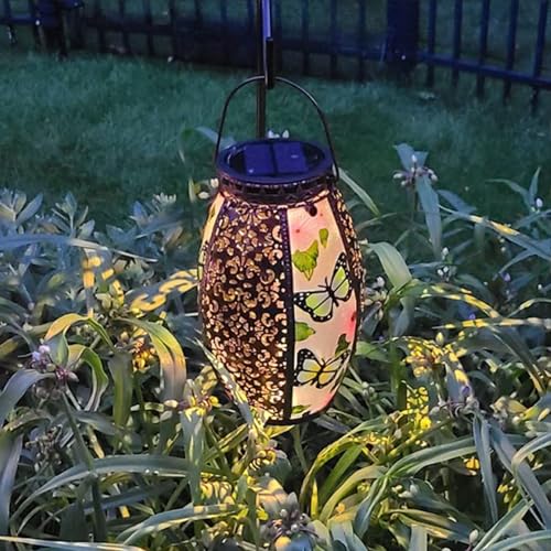 Hanging Solar Lantern Waterproof Garden Light Butterfly-New | Glass & Metal, Tabletop Light with Hollowed-Out Design for Garden Patio Table Decor, Gifts for Friends and Family - style: Butterfly-New