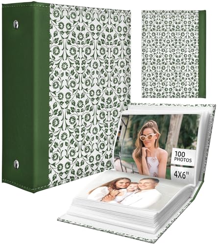 Slohif Photo Album 4x6 Pictures Leather Small Memory Book Keepsake for Family Wedding Postcard 100 Pockets Personalized Couples Photobook for Engagement Travel Vacation Birthday Honeymoon Green Retro - style: Geometry