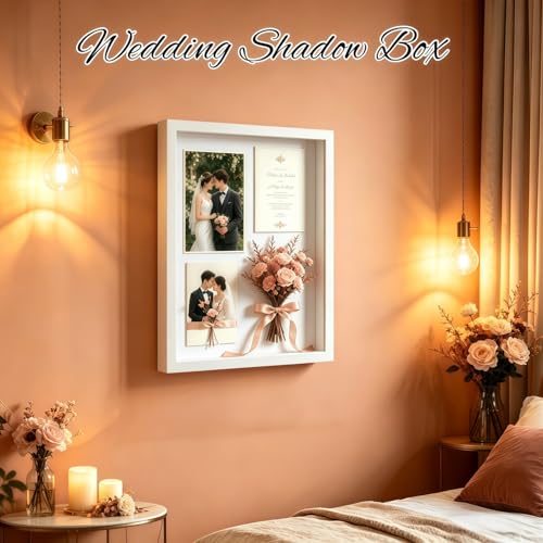 11x14 Shadow Box - Deep Picture Frame with Shatter-Resistant Panel for Wall Decor | 3D Display Case for Military Medals,Flowers,Photos and Crafts | Easy to Open & Ready to Hang Gift (White)