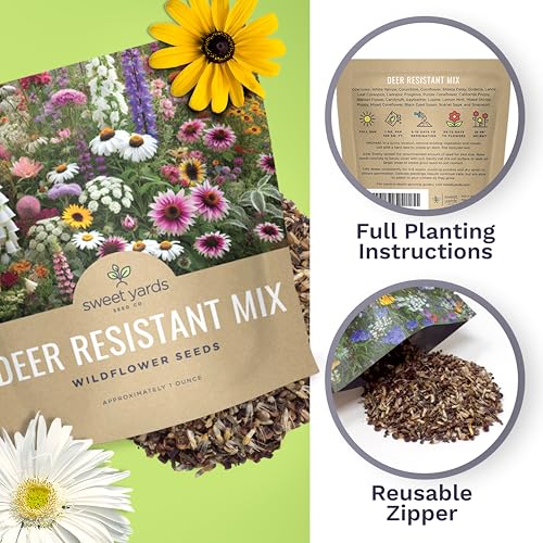 Deer Resistant Wildflower Seed Mixture - Bulk 1 Ounce Packet - Over 15,000 Deer Tolerant Seeds - Open Pollinated and Non GMO - size: 1 Ounce Pouch