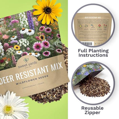Deer Resistant Wildflower Seed Mixture - Bulk 1 Ounce Packet - Over 15,000 Deer Tolerant Seeds - Open Pollinated and Non GMO - size: 1 Ounce Pouch
