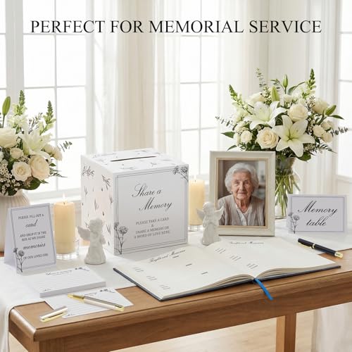Funeral Guest Book Set with 50 Memory Cards, Drop Box & Pen for Celebration | Complete Memorial Table Set – Includes guest book, 50 memory cards, card drop box, table sign, instruction card and 2 pens. - style: Book Kit