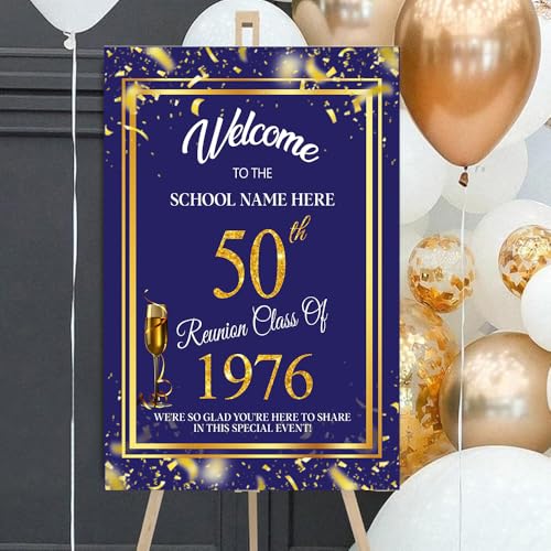 Personalized 50th Reunion Welcome Sign, Gold Confetti on Navy Blue, High School & College Reunion Plastic Board#6 - color: Version 6