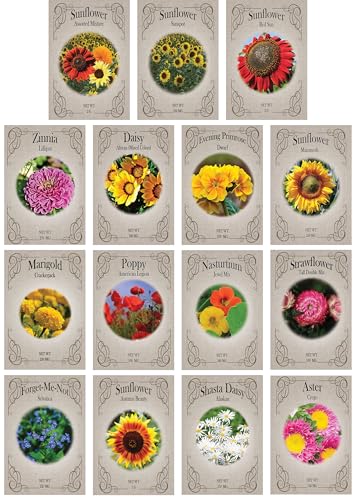 Set of 15 Premium Variety Flower Seed Packets - Heirloom Non-GMO and Proudly Sourced in The USA