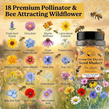 Mini Wildflower Seed Shaker - Save The Bees Seed Mix, by GevaGrow | 80,000+ Seeds | Pollinator & Bee Attracting Flower Seeds Bulk for Planting in Pots & Outdoor Gardens | 2 Ounce - size: 2oz Shaker, style: Save The Bees Mix