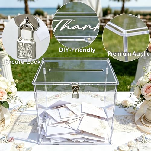 Pure Clear Acrylic Card Box with Slot & Lock, DIY Large Wedding Card Boxes for Reception, Elegant Money Envelop Gift Cards Box for Party Wedding Birthday Baby Shower Graduation Table Decor - style: Minimalist