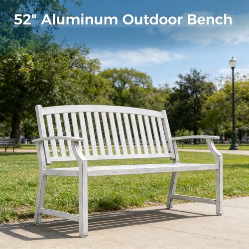 Grand patio 52" Farmhouse Outdoor Bench with Armrest, Gray-White | Anti-rust Aluminum Frame, Faux Wood Grain Finish, for Front Porch, Yard, Park, Garden - color: Gray-white