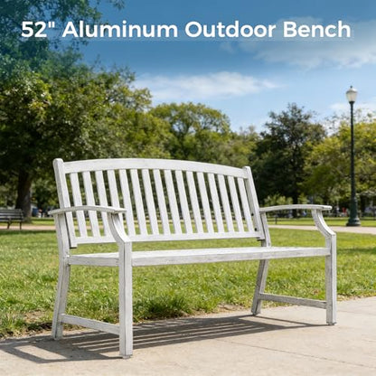 Grand patio 52" Farmhouse Outdoor Bench with Armrest, Gray-White | Anti-rust Aluminum Frame, Faux Wood Grain Finish, for Front Porch, Yard, Park, Garden - color: Gray-white