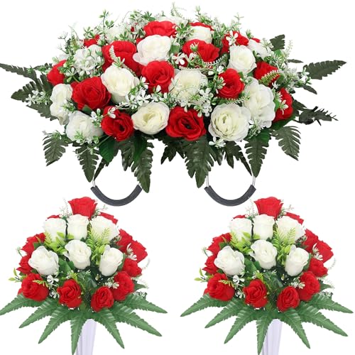 Lodou 3 Sets Cemetery Flowers for Grave,Headstone Flower Saddle,Grave Memorial Flowers with Vase for Cemetery Headstones Decoration(Red White) - color: Red White