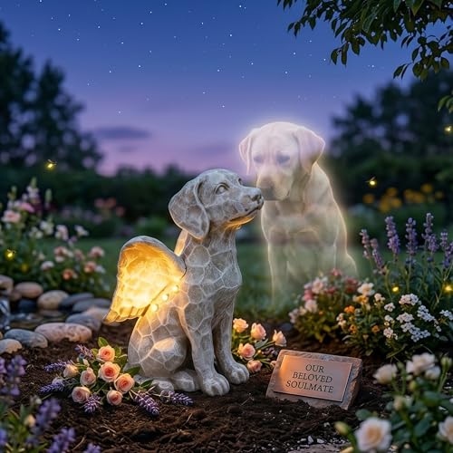 Solar Angel Dog Statue with Lights,Dog Memorial Statue for Outdoor